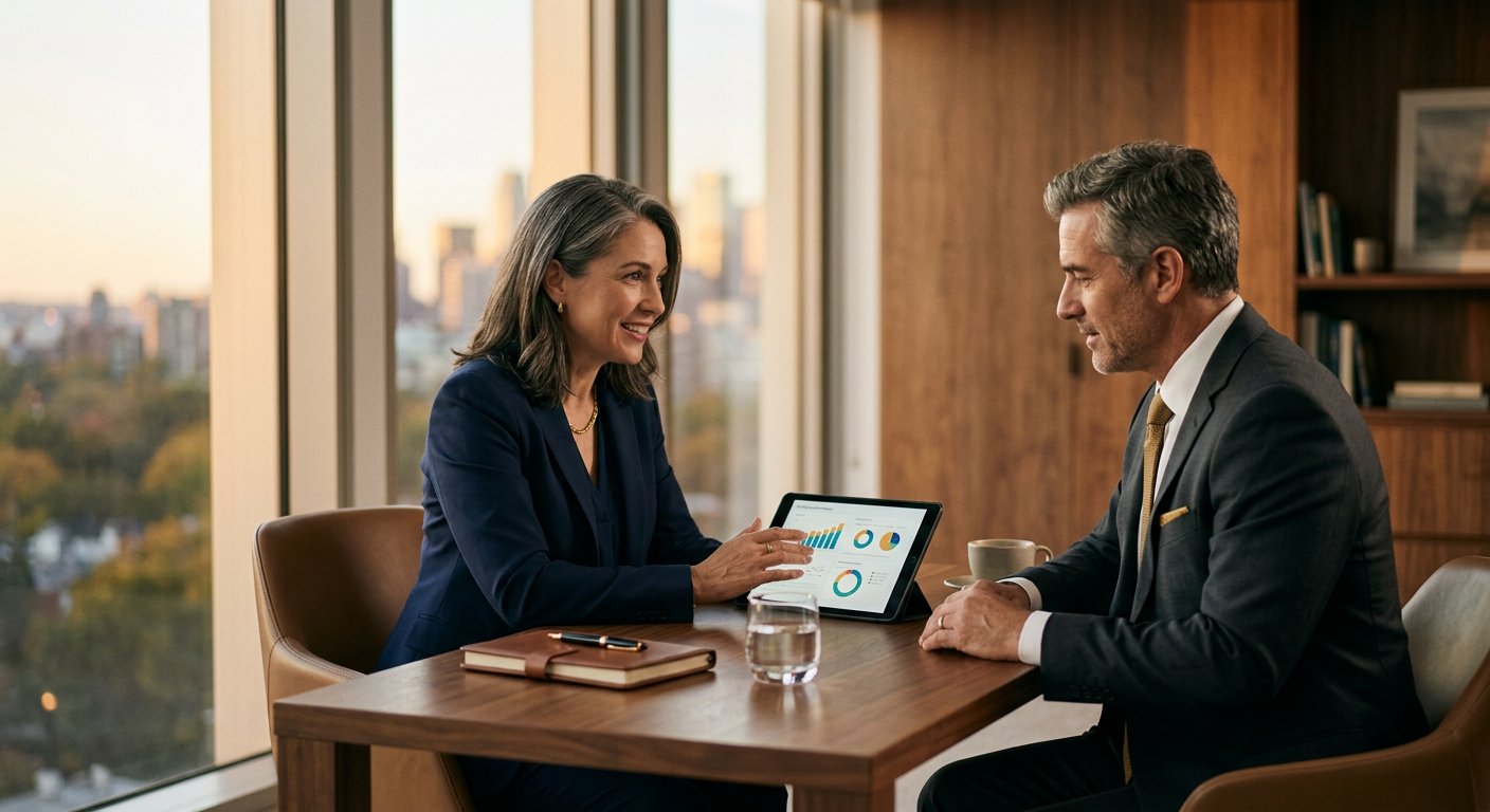 A financial advisor reviewing a portfolio on a tablet with a client